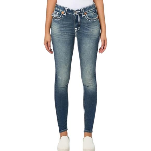 TRUE RELIGION Women’s Blue Denim JENNIE SUPER T CURVY SKINNY Flap JEAN | NEW! - Picture 1 of 16